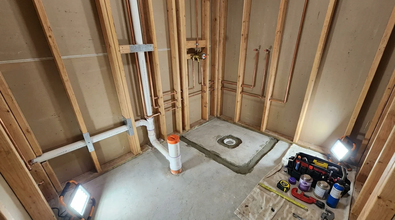 Bathroom rough-in plumbing during remodel by Johns Plumbing LLC in Temecula