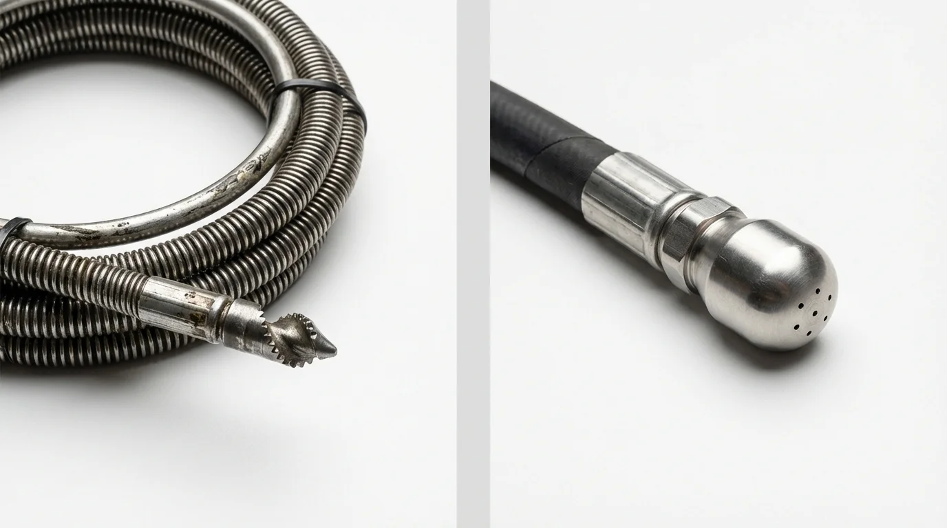 Drain snake cable and hydro jetting nozzle used for drain cleaning in Temecula, CA