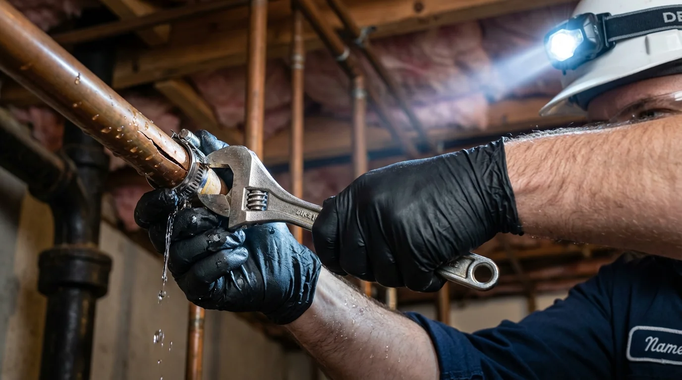 Emergency pipe clamp repair being performed by a Johns Plumbing LLC plumber in Temecula