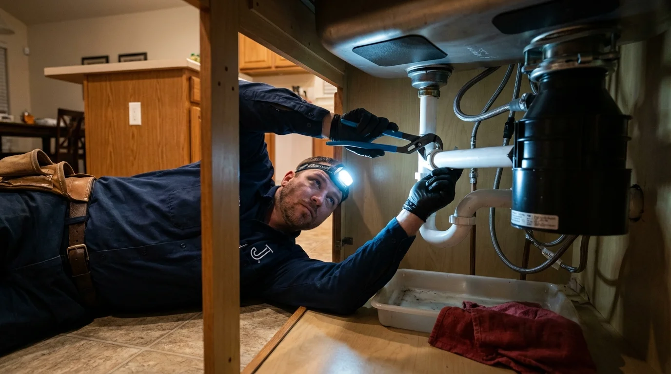 P-trap and supply line connections under a kitchen sink showing a common leak point in Temecula, CA